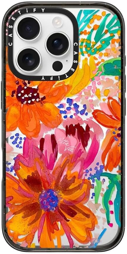 CASETiFY Impact Case for iPhone 16 Pro [Slim / 8.2 ft. 4X Military Grade Drop Protection/Compatible with Magsafe] - EttaVee Watercolor Fleurs - Clear Black