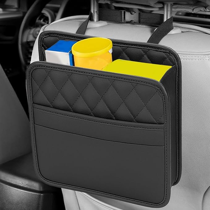 Car Seat Back Organizer, Foldable Leather Vehicle Backseat Storage Bag, Multifunctional Automotive Interior Hanging Pocket Accessories, Universal Fit (Black)