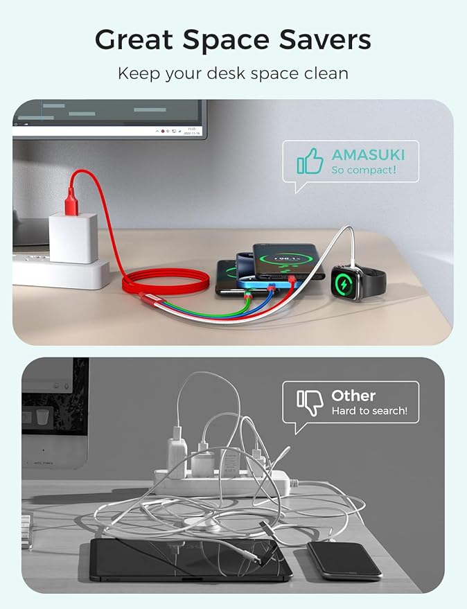 Amasuki Travel Essentials,4 in 1 for Apple Watch Charger/iPhone Charger/Multi Charging Cable,Vacation RV Camping Essentials,USB C/L/Micro Portable Charger for iWatch 11-1/iPhone 17-12,Car&Gift-Red