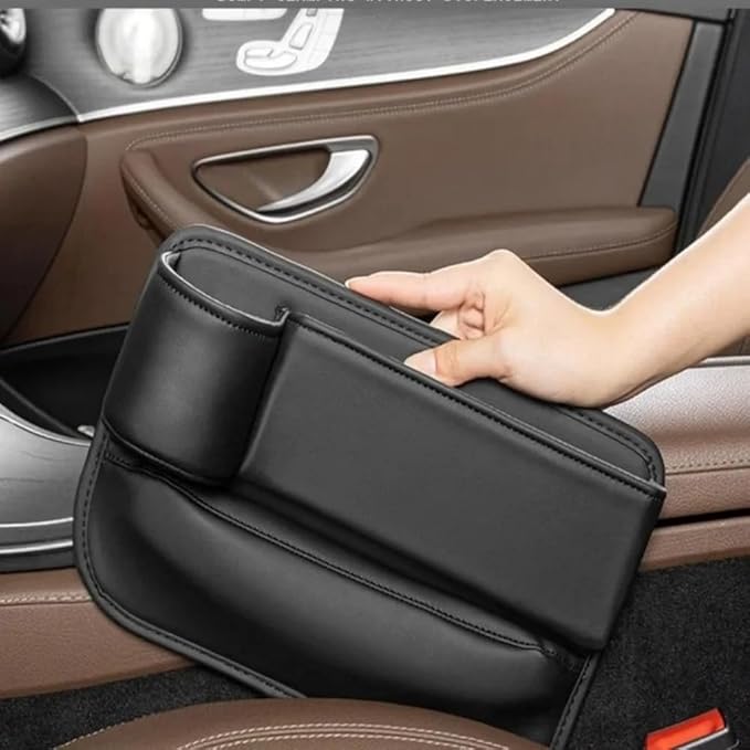 Car Seat Gap Filler Organizer with Cup Holders, Seat Gap Storage Box for Drinks, Phones, Keys, Sunglasses, Cards, and Small Essentials (Beige, Passenger Seat)