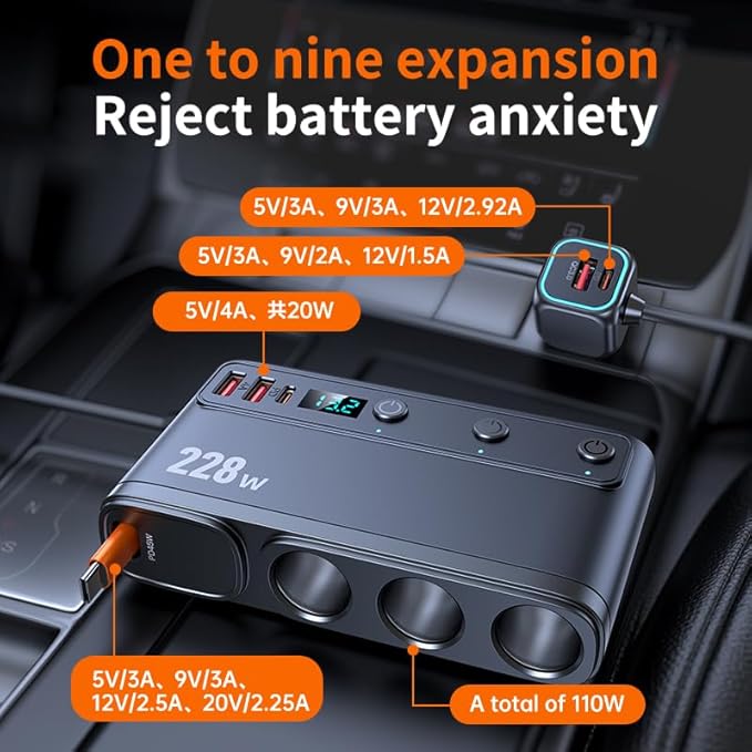 228W Car Charger Cigarette Lighter Splitter with Retractable USB-C Cable, 9-in-1 Multi-Port Car Power Adapter, Dual PD Fast Charging, LED Voltmeter for 12V–24V Vehicles