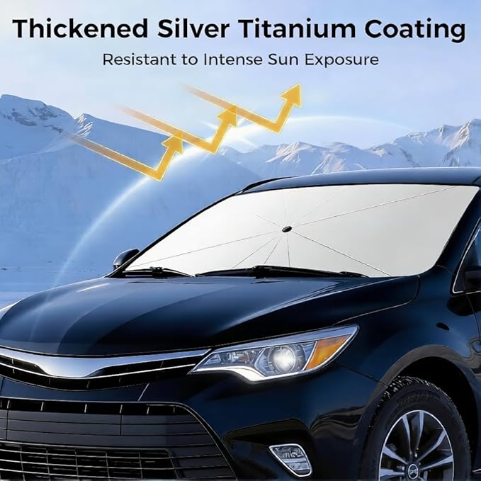 Upgraded Windshield Sun Shade Umbrella – Thickened Silver Titanium Coating, UV Protection for Car Front Window, Block Sun Rays & Keep Interior Cool, Reinforced Spring Edge, Universal Fit, 56"L x 31"W