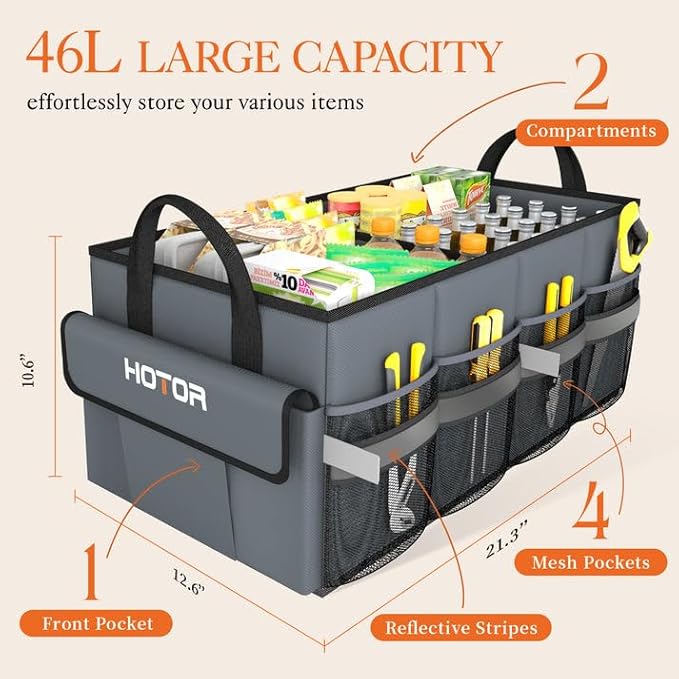 HOTOR Trunk Organizer - Car Organizer with 5 Pockets, Trunk organizer for SUV, Sedan & Van, Car Organization with Sturdy Base Panel for Car Accessories, Grey, 2 Compartments, 21.3"×12.6"×10.6"