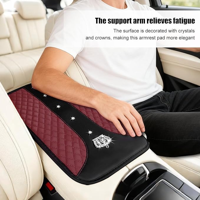 Bling Car Center Console Cover, Crown Crystal Rhinestones Vehicle Armrest Mat Protector, Anti Slip Sparkling Automotive Arm Rest Seat Box Cushion Pad Decor Accessories, Universal Fit (Wine Red)