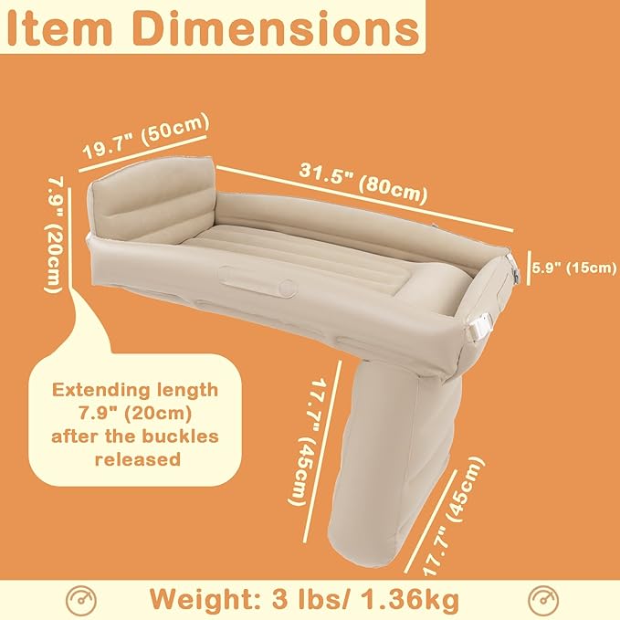 Toddler Travel Bed, Inflatable Airplane Bed for Kids with Side Rails, Pump, Safety Belt, Repair Kit & Carry Bag, Family Travel Essentials for Airplane, Train, Bus, Car