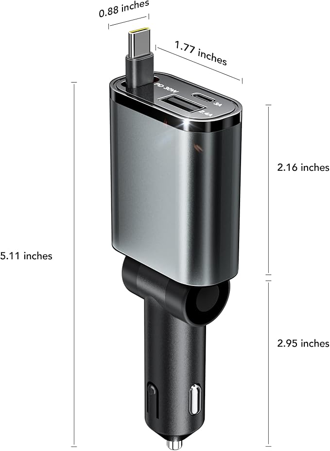 Retractable Car Charger, 3 in 1 Fast Car Phone Charger 50W, 1 TypeC Retractable Cables and USB Port,USB C Car Charger Compatible with iPhone 17/17 Pro Max/16/15/14/13/12/11,for Galaxy S25,Pixel 10