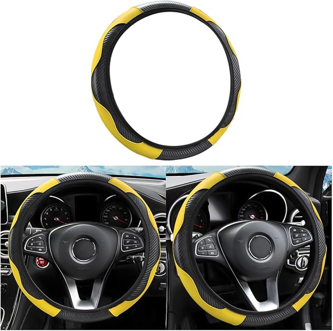 LoyaForba Car Steering Wheel Cover, Microfiber PU Leather Elastic Carbon Fiber Auto Steering Wheel Protector, Universal 15 Inch Breathable Anti-Slip, Car Interior Accessories for Most Cars (Yellow)