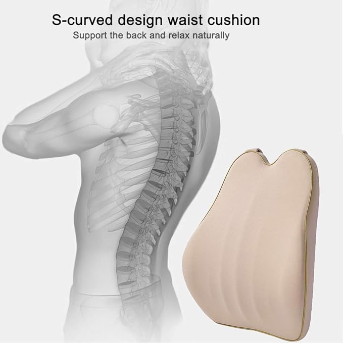 Car Lumbar Support Back Cushion & Headrest Neck Pillow Kit Cushion Memory Foam Universal Fit Major Car Seat with Back Pain Relief for Car Office Home 1PCS Beige