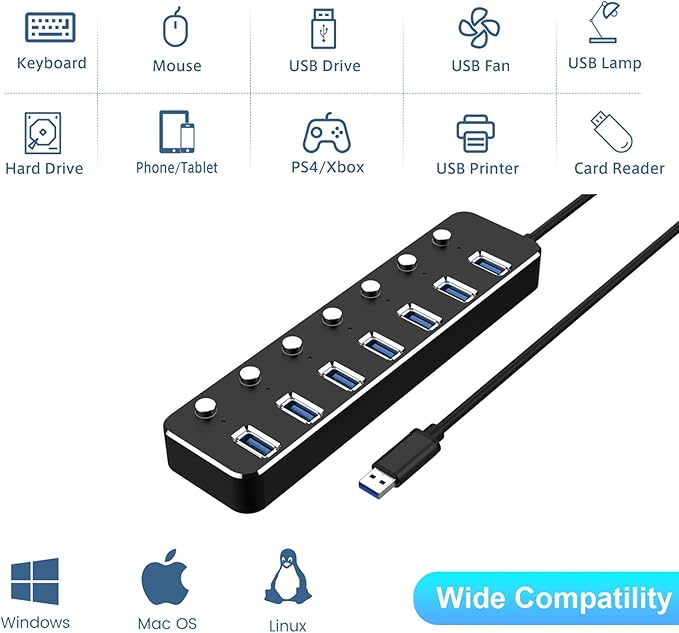 USB 3.0 Hub 7 Port USB Hub with 2ft Long Cable Aluminum USB Hub for Laptop and PC with Individual On/Off Switch and LED Indicator
