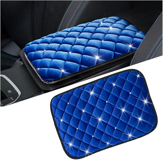 Mandark Bling Car Center Console Cover, Crystal Rhinestone Fluffy Automotive Armrest Seat Box Cushion Pad, Soft Comfortable Diamond Arm Rest Protection Mat, Universal Vehicle Accessories (Blue)
