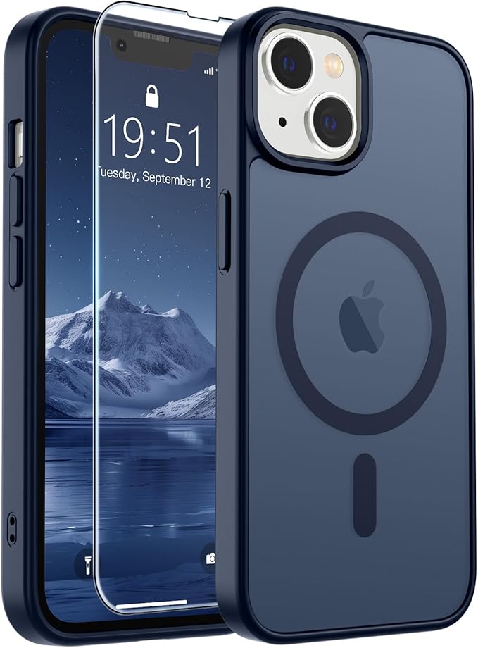 SUPFINE Magnetic for iPhone 14 Case & iPhone 13 Case with Screen Protector (Compatible with MagSafe)(Military Grade Drop Protection) Translucent Matte Shockproof Phone Cover,Dark Blue