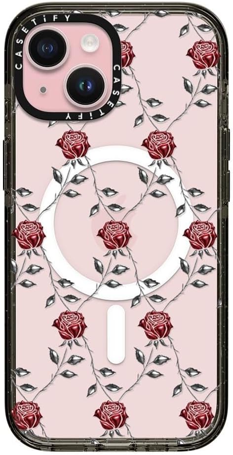CASETiFY Impact iPhone 15 Case [Slim/Compatible with Magsafe / 8.2 ft. 4X Military Grade Drop Protection] - Metallic Rose - Clear Black