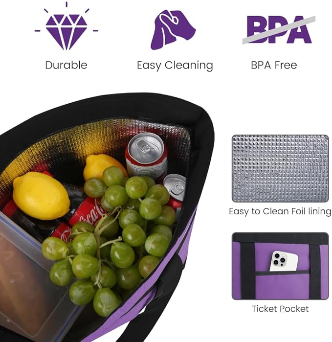 mosago Insulated Grocery Tote Bags, Large Reusable Cooler Bags with Zipper, Leakproof Thermal Shopping Bags for Food Delivery, Beach, Travel, Uber Eats & Picnic, Collapsible Personalized, Purple