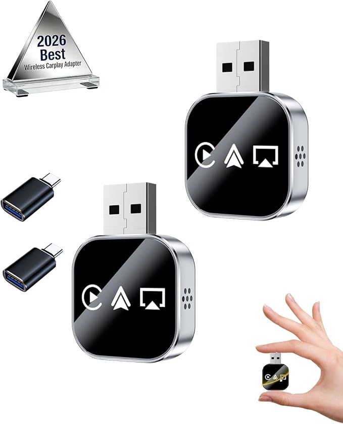 Mini Wireless Carplay Adapter for iPhone 3 in 1 Car Play Dongle Wired to Wireless Screen Mirror Accessories Converts Fast Auto Connect No Audio Delay Bluetooth 5.3 & 5ghz Wi-Fi - Plug & Play (2PCS)