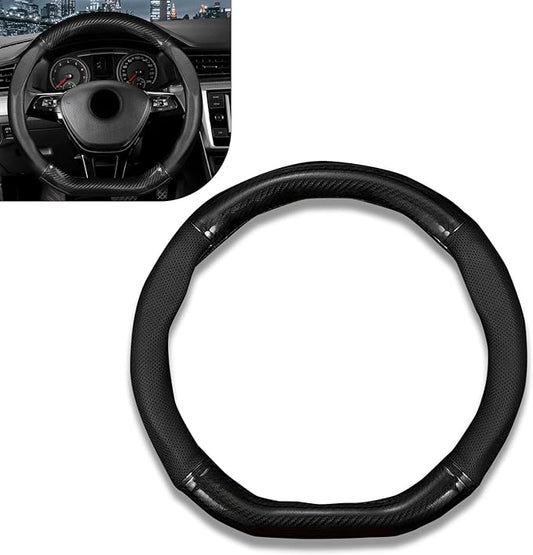 1 PC Car Universal Hand-Sewn Steering Wheel Cover for All Seasons, D-Shaped Carbon Fiber Non-Slip Sweat-Absorbent Breathable Steering Wheel Cover, Decorative Accessories, for Cars (Black)