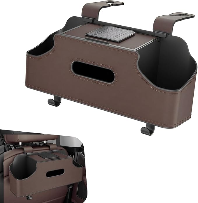 1 PC Backseat Organizer with Dual Cup Holder, Multi-function Tissue Hanging Box and 2 Hooks, Extra Rear Seat Road Trip Storage Accessories, Universal for Most Cars, Trucks, SUVs (Brown)