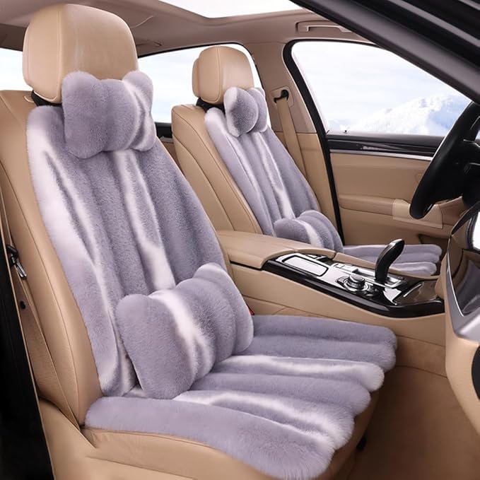 Luxury Plush Car Seat Cushion Set Car Headrest & Lumbar Support & Seat Cushion & Back Support Pillow Fluffy Fuzzy Car Seat Covers Non-Slip Cushion for Universal Accessories Automobiles (4, Grey)