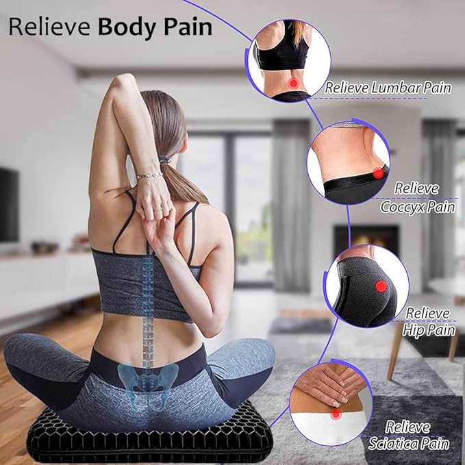 Gel Seat Cushion for Long Sitting, Extra Thick Gel Cushion for Wheelchair Soft Chair Pads for Office Home Chairs Car Seats Long Trips - Back Sciatica Hip Tailbone Pain Relief Cushion (Black)
