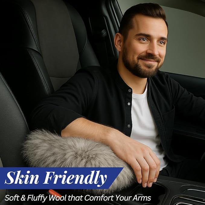 Andalus Brands Pure Australian Sheepskin Fluffy Car Center Console Cover, Luxurious Non-Shedding Furry Arm Rest Cover for Car, Versatile for All Seasons, White & Black Tip - (11.47" X 6.3")