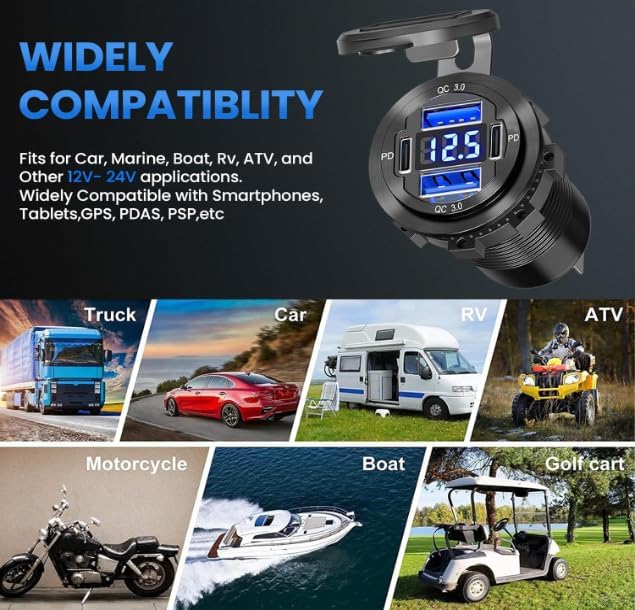 12V USB Outlet 78W Metal Car Charger Socket Dual 30W PD Dual 18W QC3.0 with Voltmeter Aluminum 12V Power Outlet Car USB Port Adapter for Car Truck Golf RV Marine