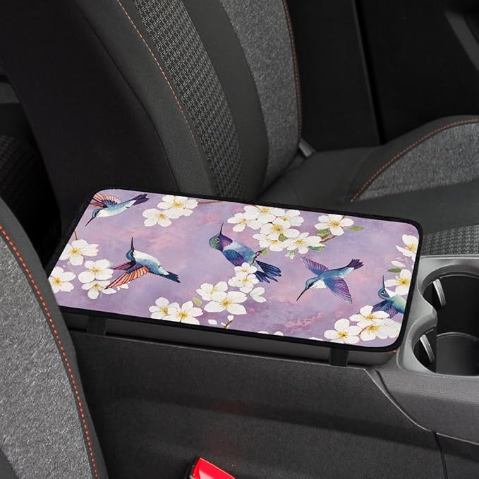 1pc Center Console Armrest Cover Pad 12.6x7.5 inch Flower with Hummingbird Neoprene Car Armrest Cushion Waterproof Armrests Seat Box Cover Protector for Universal Cars Vehicles SUVs