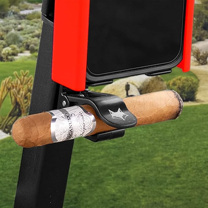 Desert Fox Golf Phone Caddy + Cigar Holder – Adjustable Golf Cart Phone Mount with Secure Cigar Clip – Hands-Free GPS & Golf App Access – Fits All Phones & Cigars (Red)