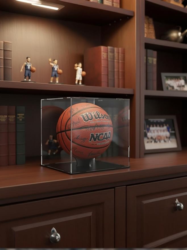 Basketball Display Case Stand,Clear Acrylic Display Case for Action Figures Toys Collectibles,Soccer Ball ,Need self-Assembly(9.8x9.8x11inch;25x25x28cm)