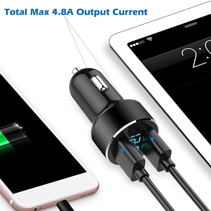 LIHAN 2 USB Car Charger,12V/24V Voltage Meter, Output 4.8A, Cigarette Lighter Plug Adapter Compatible with iPhone,iPad, Samsung, USB Charging Devices, Black