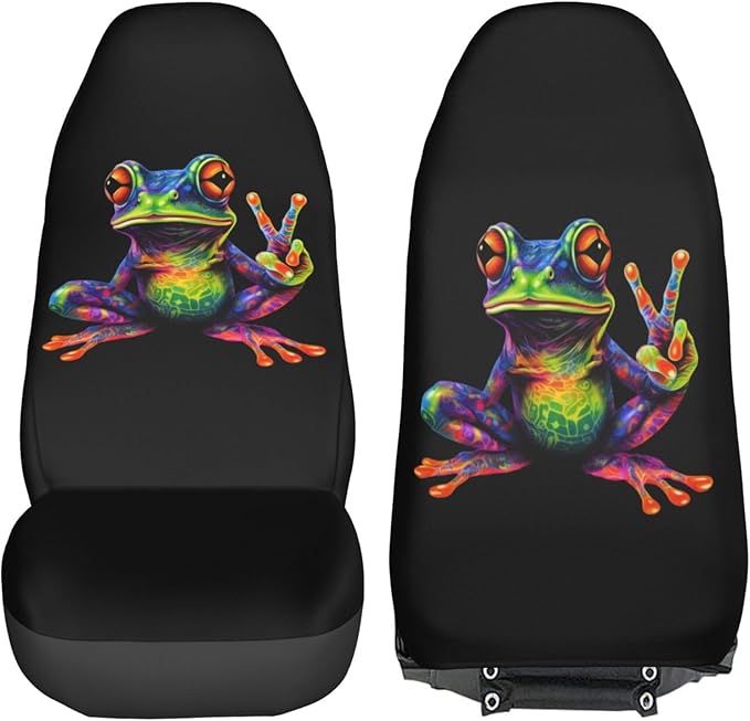 Delerain Car Seat Covers Set 2Pcs, Colorful Peace Frog Universal Front Car Seats Vehicle Enterior Protector Suitable Fits Most Car Auto SUV Sedan Truck