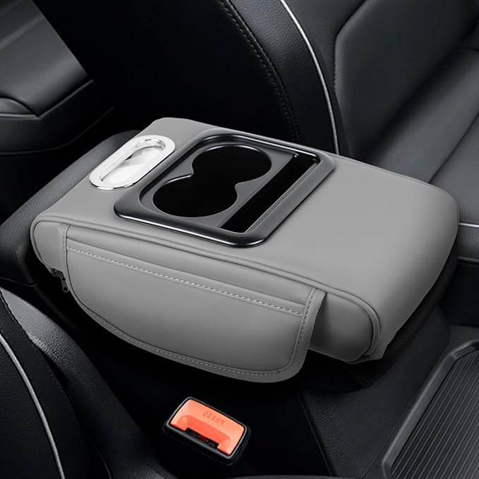 wuyaoyao Car Center Console Cover, 13.39"×8.27"×3.15" Leather Car Armrest Cover with Pocket & Tissue Box & Cup Holder, Multifunctional Auto Armrest Cushion Pad, Universal Car Accessories (Gray)