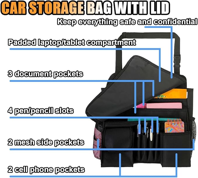 Car Front Seat Organizer, Car Backseat Organizer with Adjustable Shoulder Strap, Passenger Seat File Storage Bag with Dedicated Laptop Tablet Holder Cup Holder for Car Law Enforcement (Black)