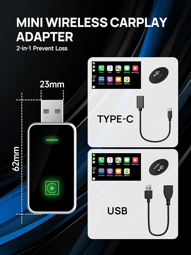 Moman Wireless CarPlay Adapter, Plug & Play Car Play in-Dash Converter for iOS 10+ & Android Auto with USB-A/USB-C Convert Wired to Wireless for 800+ Cars (2016+)