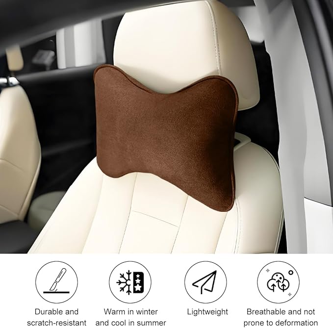 Car Headrest Pillow, Suede Soft Comfortable Breathable Vehicle Seat Neck Support Cushion with Adjustable Strap, Ergonomic Design Auto Head Rest Pad, Universal for Sedan RV Truck (Brown)