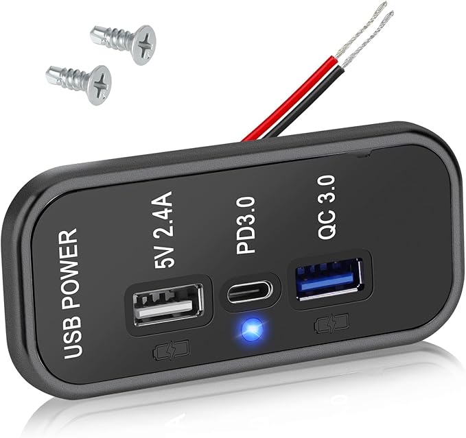 Linkstyle 3 Ports 12V USB Outlet, 18W PD3.0 Port, 18W QC3.0 & 2.4A USB A Charger Fast Charging Socket Panel for 12V/24V Car Marine RV