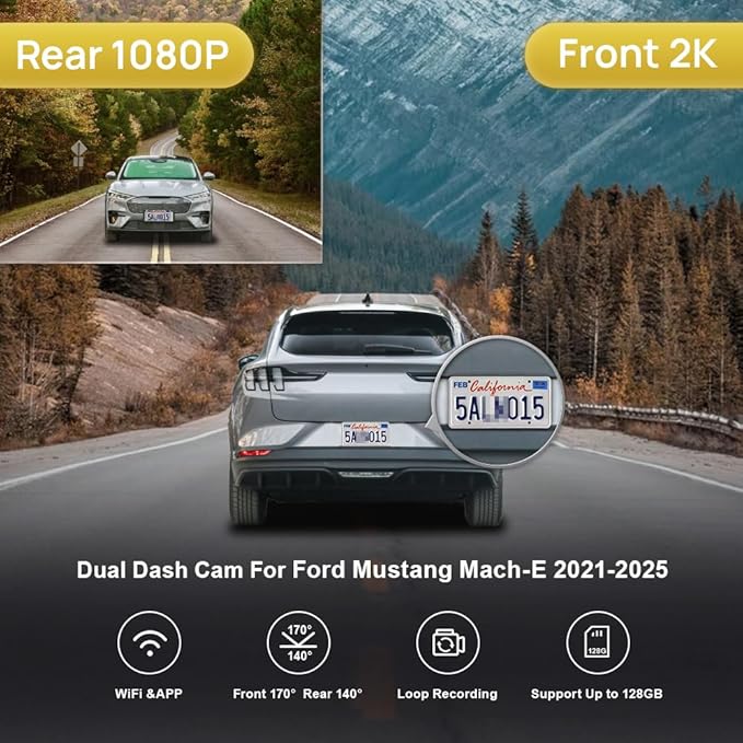 Fitcamx Front 2K+Rear 1080P Dash Cam for 2021-2025 Ford Mustang Mach-E GT Select Premium, Integrated OEM Look, Dual HD Video, Loop Recording, WiFi & APP, G-Sensor, Easy to Set, 64GB Card