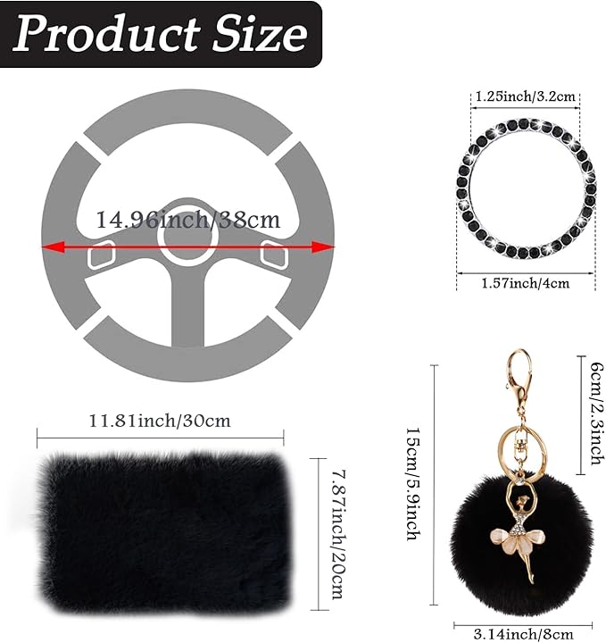 ZYNQACC 9 Pack Cute Bear Fluffy Car Accessories for Women Girls,Kawaii Fuzzy Steering Wheel Cover Universal 15 inch Plush Cute Ears (Black)