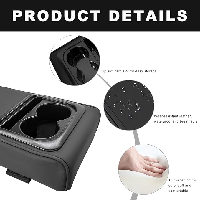Car Center Console Armrest Pillow, 14"×8.3" Waterproof Leather Armrest Box Cover with Cup and Phone Holder, Soft Memory Foam Arm Rest Console Pad Protector for SUV Truck (Black, Glossy)