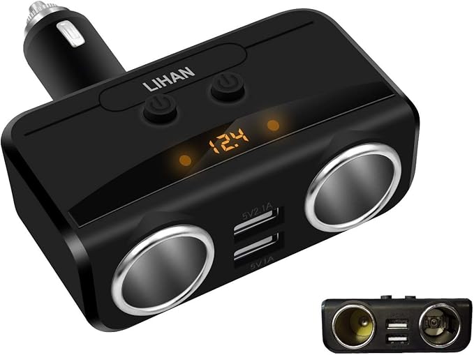 LIHAN 2 Socket Cigarette Lighter Adapter, Car Charger Plug Splitter with Dual USB Ports, 12V/24V Meter Monitor, Compatible with iPhone, LG, HTC, Samsung etc