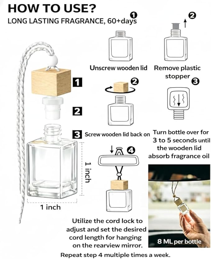 Aromatherapy Car Air Freshener, Natural Fragrance Hanging Diffuser, Long Lasting, Multiple Scents Including Peach, Vanilla Cream, Pink Coconut, and Freesia, Glass Bottle with Wooden Cap, 4pcs