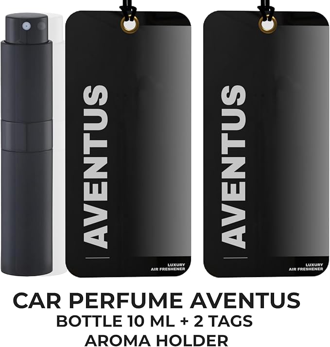 Luxury Car Perfume Long Lasting Air Freshener duration 60 days - Bottle 10ml + 2 tags aroma holder, PERFUME INSPIRATION (AVENTUS)