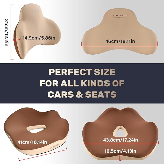 Coverado Car Seat Cushion and Lumbar Support Pillow, Memory Foam Ergonomic Back Support Driving Seat Cushion for Sciatica, Tailbone, Back Pain, Non-Slip Washable Cushion for Car, Driver, Office
