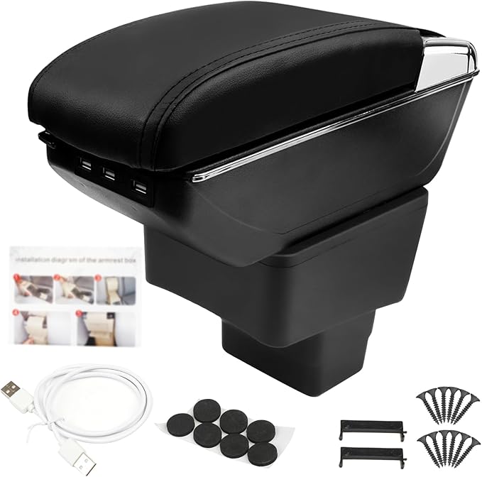Center Console Armrest Compatible with Toyota Yaris iA Sedan 2017 2018 with 7 USB Port Cup Holder Double Layer Organizer Storage Box (All Black)