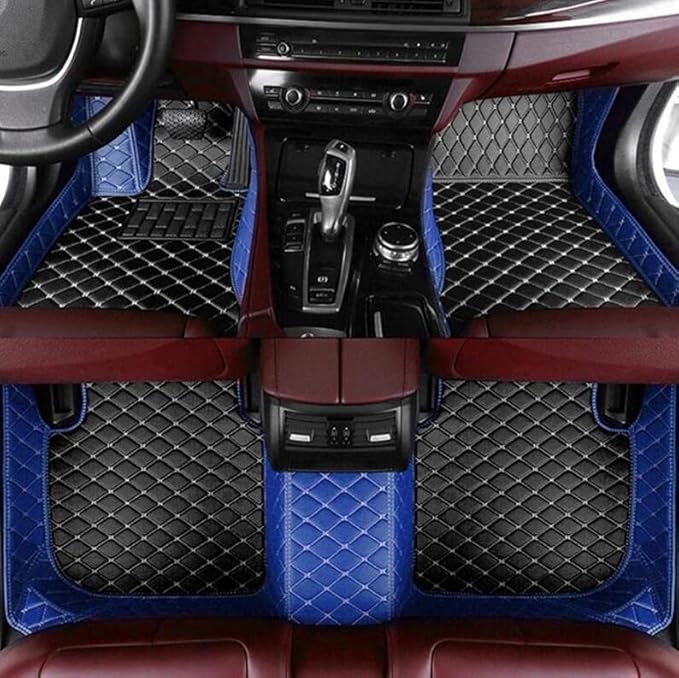 Customize Car Floor Mats for 99% Sedan SUV Sports Car All Weather Leather Full Coverage Waterproof Non-Slip Vehicle Lining Pads (Black Blue Stitching)