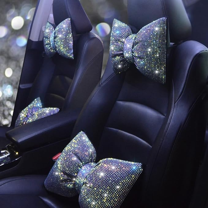 Bling Car Neck Pillow with Bow Tie Rainbow Crystal Rhinestone Diamond Automotive Accessories for Ladies and Woman Girls Driving Comfort Auto Seat Pillow for Driver Colorful 2Pcs