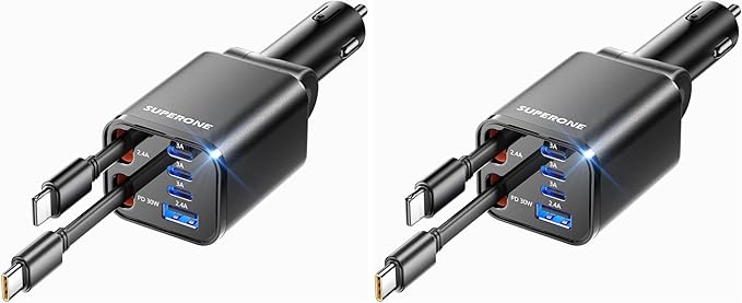 Retractable Car Charger, SUPERONE 99W Car Phone Charger with Cables Fast Charging, USB C Car Charger Adapter for iPhone 17 16 15 14 13 12, Samsung, Black (Pack of 2)
