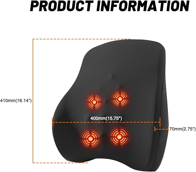 lumbar support pillow for office chair lumbar support pillow for car Heated vibrating pillow back support for office chair for recliner 3 Heating Levels & 4 Motors & 3 Intensities, Gifts,Black