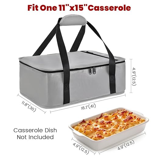 Bodaon Insulated Casserole Carrier Bag, Fits 9"x13" and 11"x15" Baking Dish with Lid, Casserole Carriers for Hot or Cold Food for Transport (Grey)