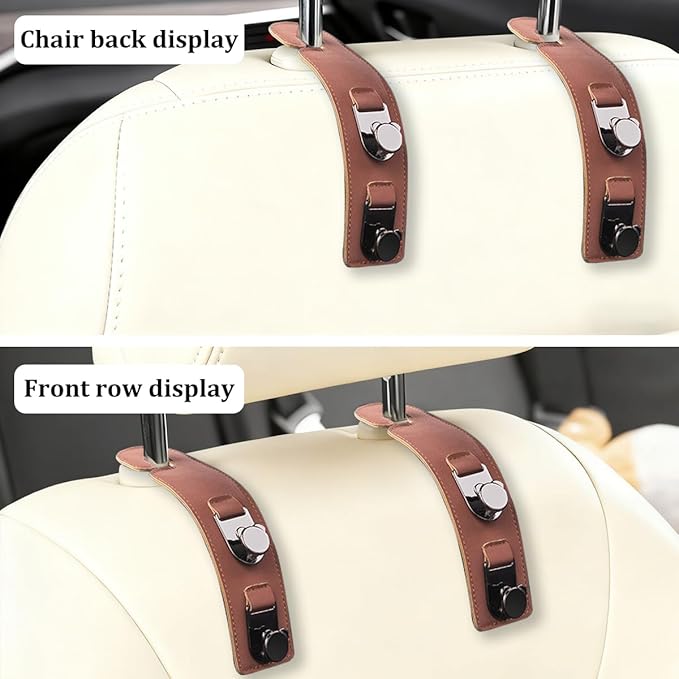 HZEL 2PCS Car Seat Headrest Hooks, Dual Hook Suede Vehicle Backseat Storage Holder for Purse Handbag Coat, Multifunctional Auto Seat Back Grocery Hanger Organizer, Universal for Vehicles (Brown)