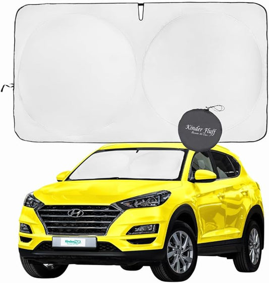 Windshield Sun Shade - Certified 99.87% UVB & 99.02% UVA Protection Car Sun Shade. Award Winning Sunshade for Car Windshield with Patented Technology. Size L+ 64"x36" Car Window Shades by Kinder Fluff