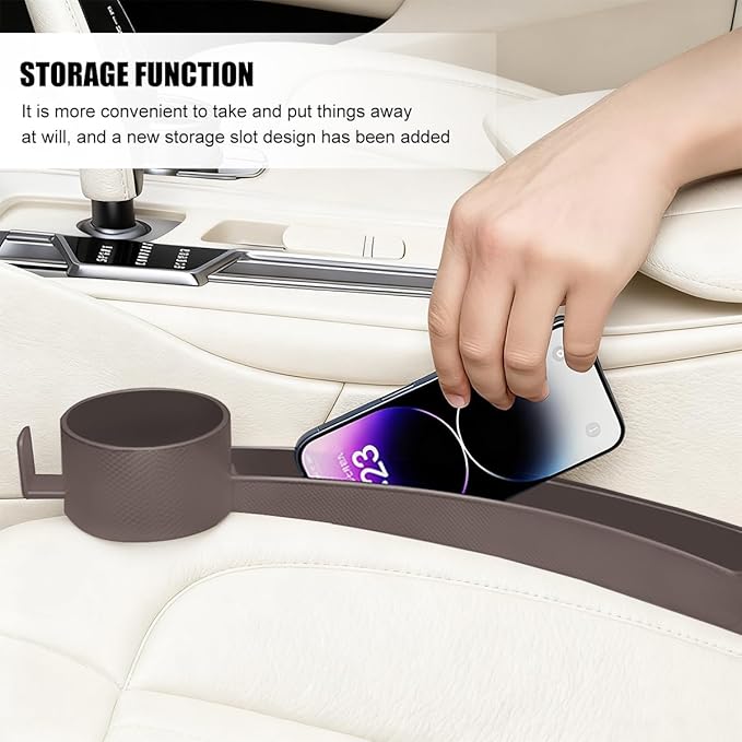 2PCS Car Seat Gap Filler, Dual Slot Carbon Fiber Vehicle Side Seat Gap Organizer Strip with Cup Holder, Auto Console Guard Spacer Stop Things from Dropping, Universal Fit (Brown)